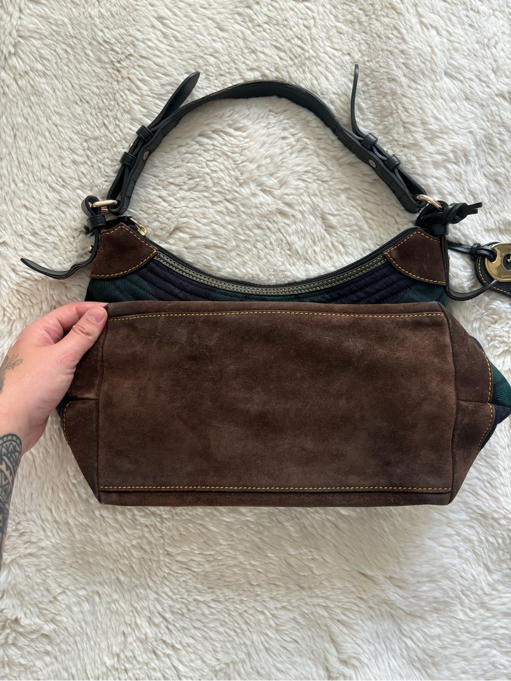 VTG Dooney & Bourke Wool Green and Blue Tartan Plaid Hobo Shoulder Bag - Picture 4 of 12
